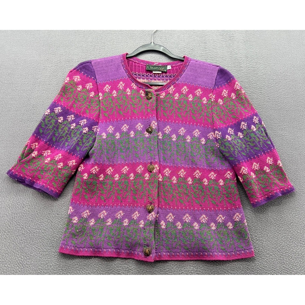 VTG Cullinane Sweater Floral Cotton Knit Cardigan Purple Pink Heart Buttons Sz M